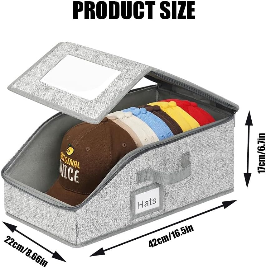 Stackable Hat Organizer for Baseball Caps, Ball Cap Storage Organizer with Clear Window, Hat Storage Box Flip-Top Access for Closet Bedroom Shelf (Gray)