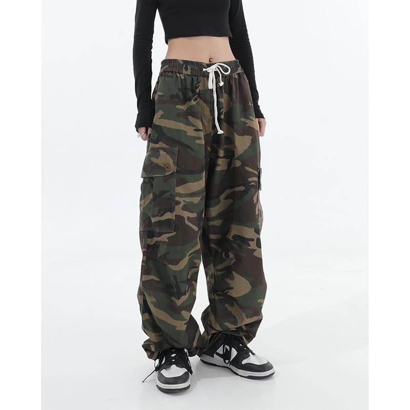Trendy Retro Camouflage Cargo Pants for Men Loose Straight High Street Hip Hop Ins Hong Kong Style Floor-Length Wide-Leg Pants Wholesale