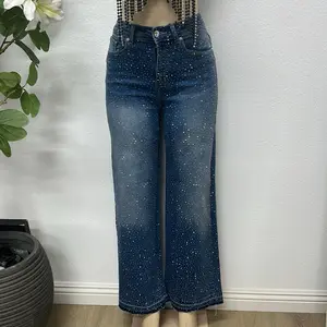 Denim Jeans Adorned with Rhinestones - High-Waisted, Flared, and Sparkling Design for a Stylish Look