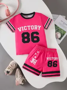 Girls' Breathable Apparel Jersey Sports Clothing Set, Sporty Design Clothes, Casual Short Sleeve T-Shirt and Shorts, Victory Letter Print, Outdoor Training, Best Gift for Granddaughter