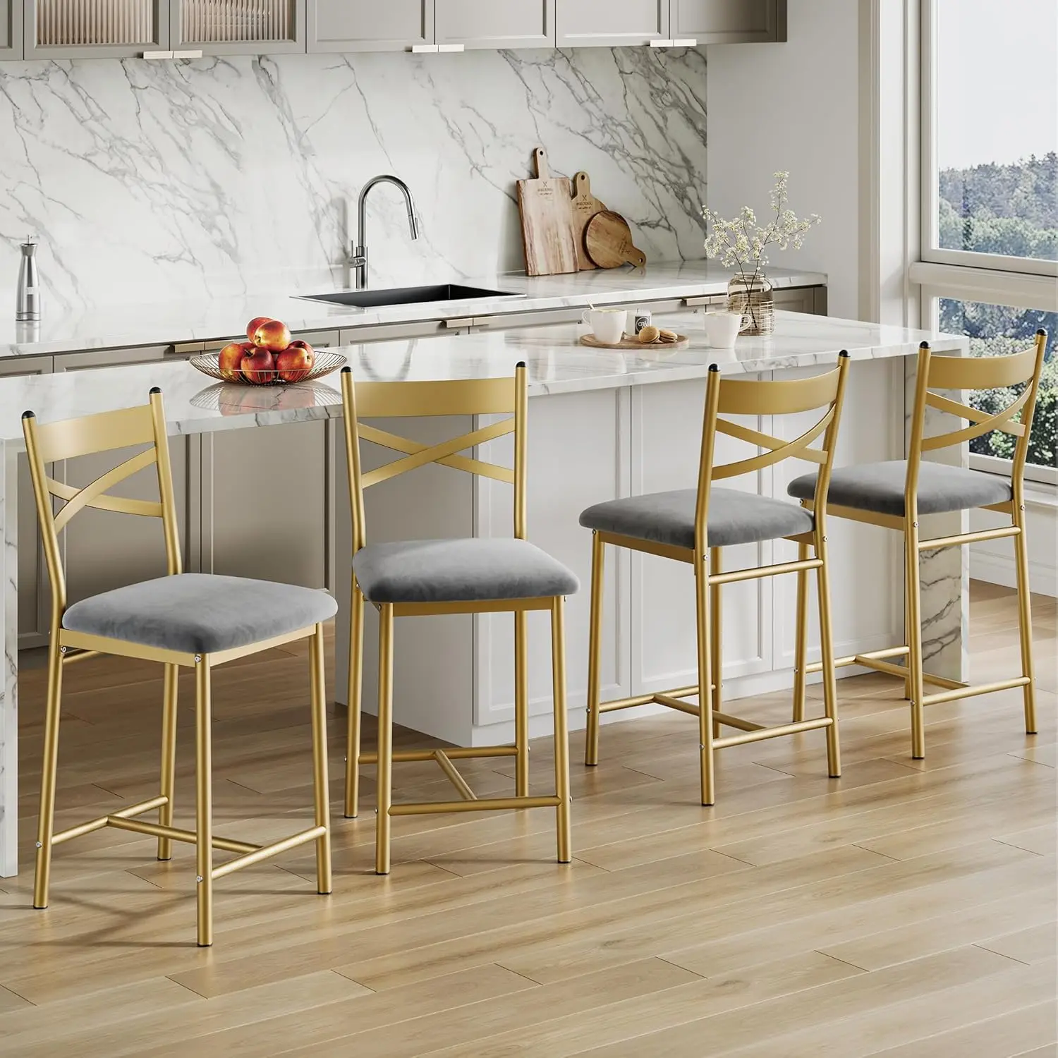 Gaomon Ergonomic Bar Stools (Set of 4) - Counter-Height Indoor Furniture, PU Leather Upholstered Kitchen Island Chairs with Backrest, Thick Cushions for Dining Room Use, Quick Setup, 300 lbs Capacity