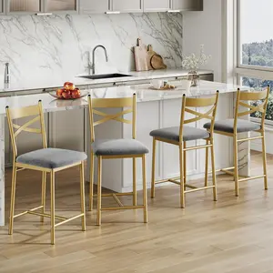 Bar Stools Set of 4 Upholstered Bar Chairs with Back Thick Cushion Counter Height Barstools for Kitchen Island Apartment Counter Bar 4