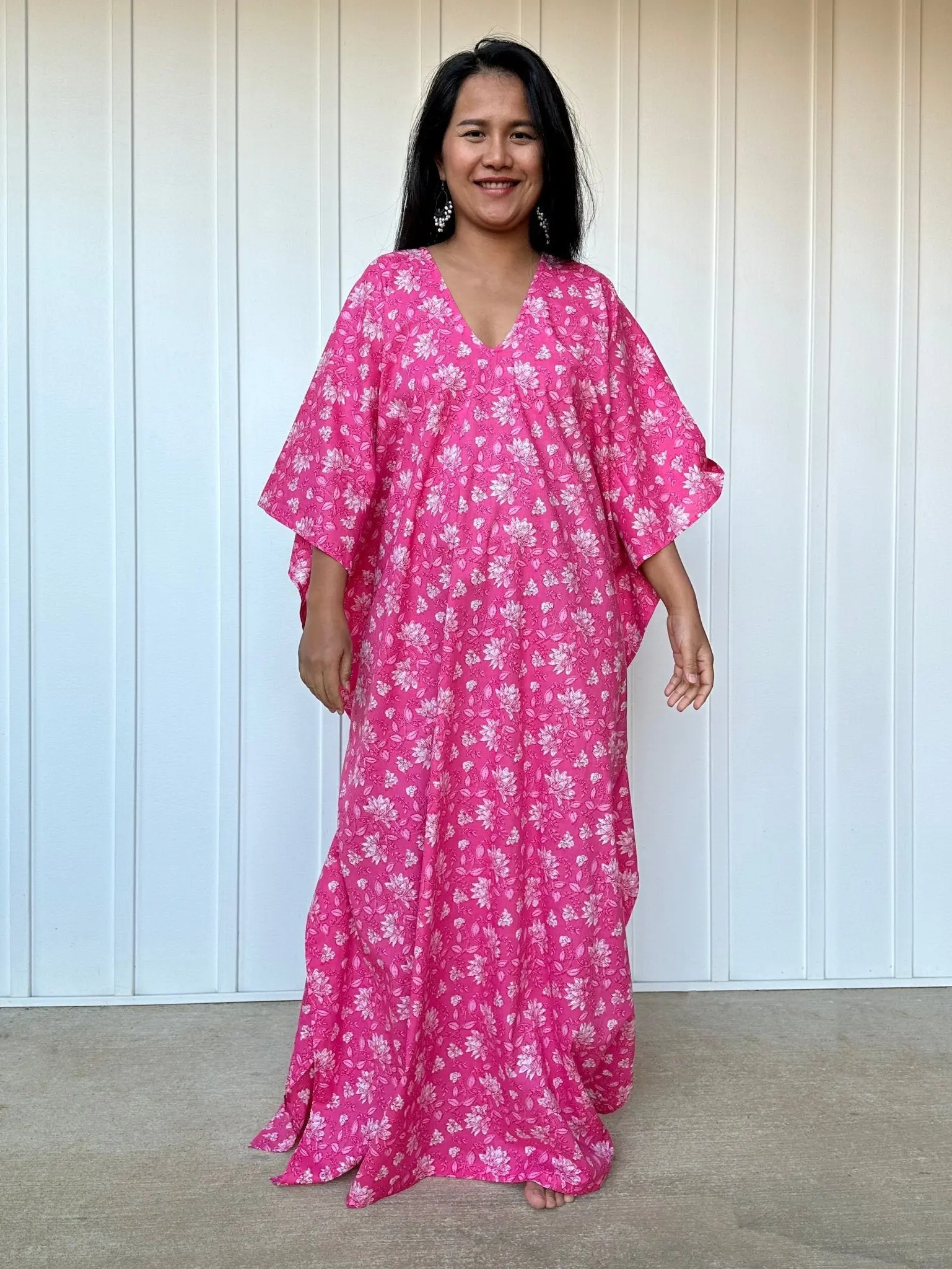 Women's Evelyn Kaftan Dress, Casual Style in Pink & White Print, Light & Airy 100% Cotton for Pool and Lounging, Relaxed Wear, Floral, Easy Slip-On Style, Print Pattern, Light Cotton Print