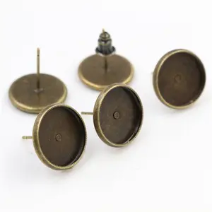 12mm 50pcs Bronze Plated Earring Studs(with Ear plug) Earrings Blank/Base,Fit 12mm Glass Cabochons,Buttons (L3-29)