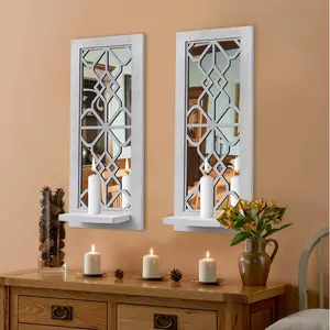 Rustic Wood Wall Sconce Candle Holder Set of 2, Farmhouse Carved Wood Frame Mirrored Hanging Candle Holders for Wall Decor, Distressed White
