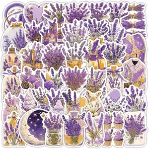 54 Pcs Lavender Purple Flower Stickers Pack for Water Bottles, Cartoon Purple Floral Waterproof Vinyl Stickers and Decals for Luggage Computer Phone Case Scrapbooking Junk Journal Notebook