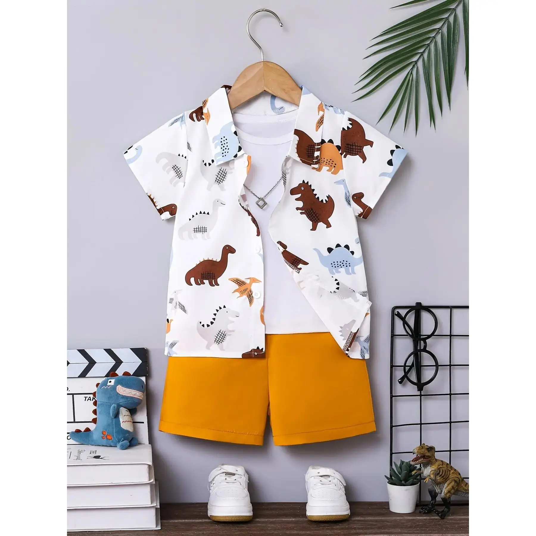 (New)Boys' Summer Set, Cartoon Dinosaur Print Short Sleeve Shirt & Shorts, Casual Wear for Outdoor Activities, Perfect Gift Choice