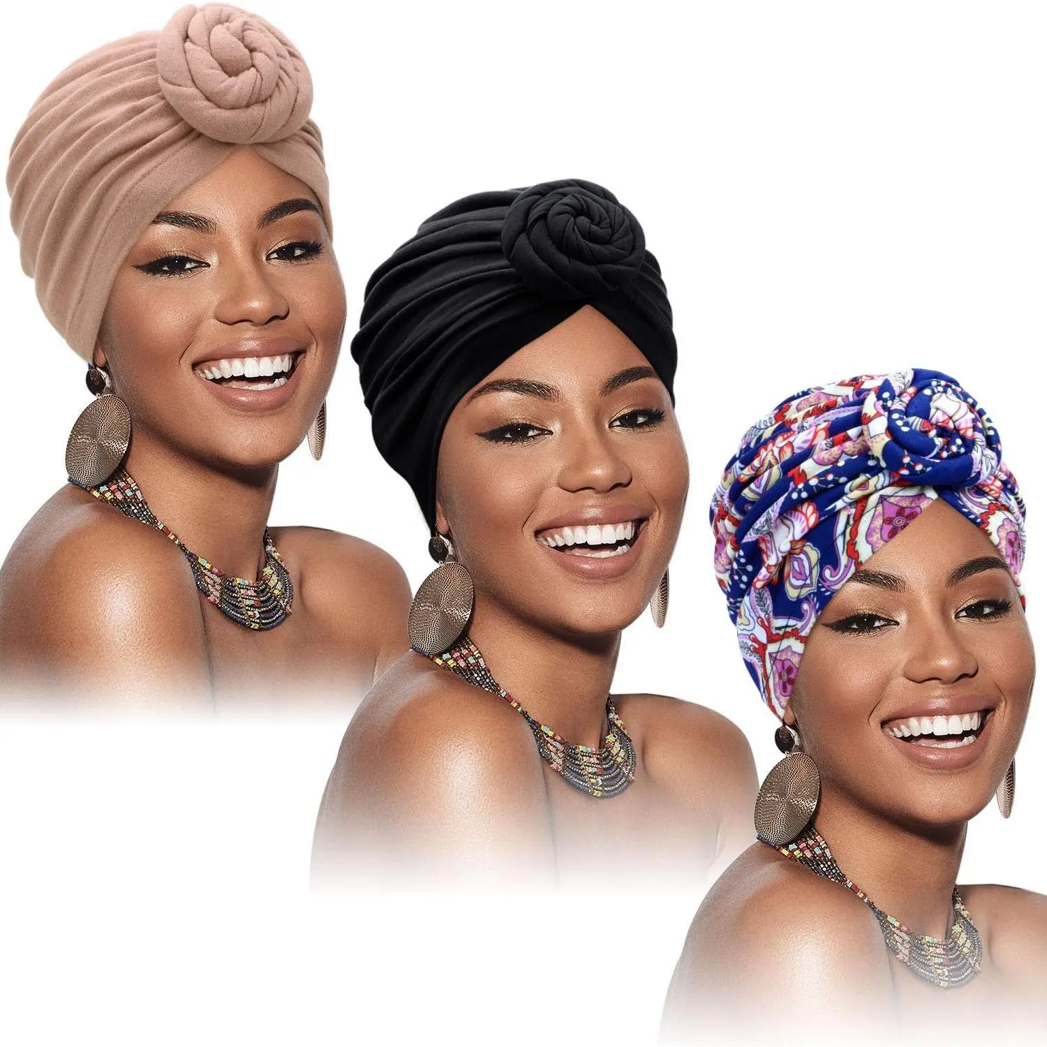 3 count  Turban for Women Knot Pre Tied Bonnet Beanie Cap Headwrap