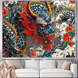 1pc Mysterious Japanese Dragon Tapestry - Irezumi Style Intricate Dragon & Floral Design, Vibrant Red/Black/White/Green Polyester Wall Hanging for Living Room, Bedroom, Office Decor - Durable Home Decor Gift, Dragon Decor, Skinfriendly Material