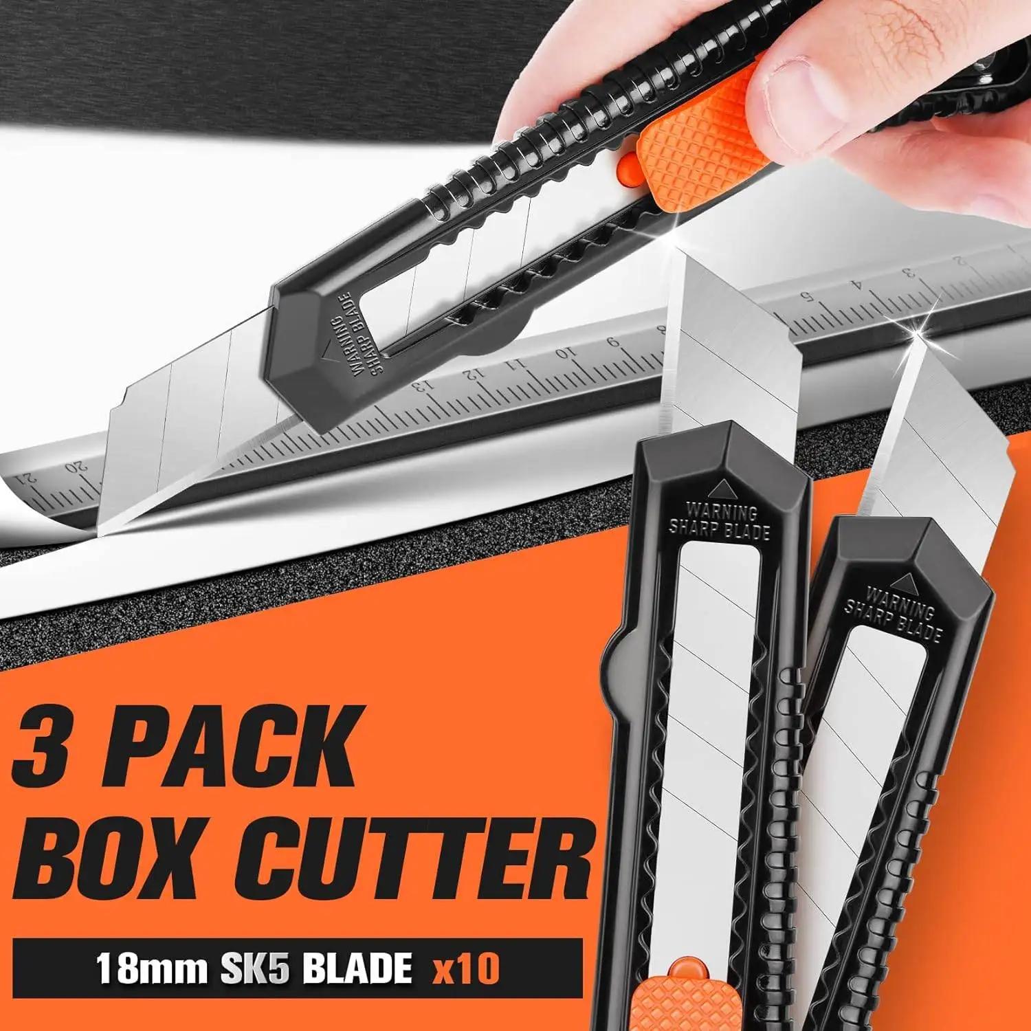 3 Pack Retractable Cutting Tool Set with 10pcs 18mm Replacement Blades Compact Carton and Cardboard Opener