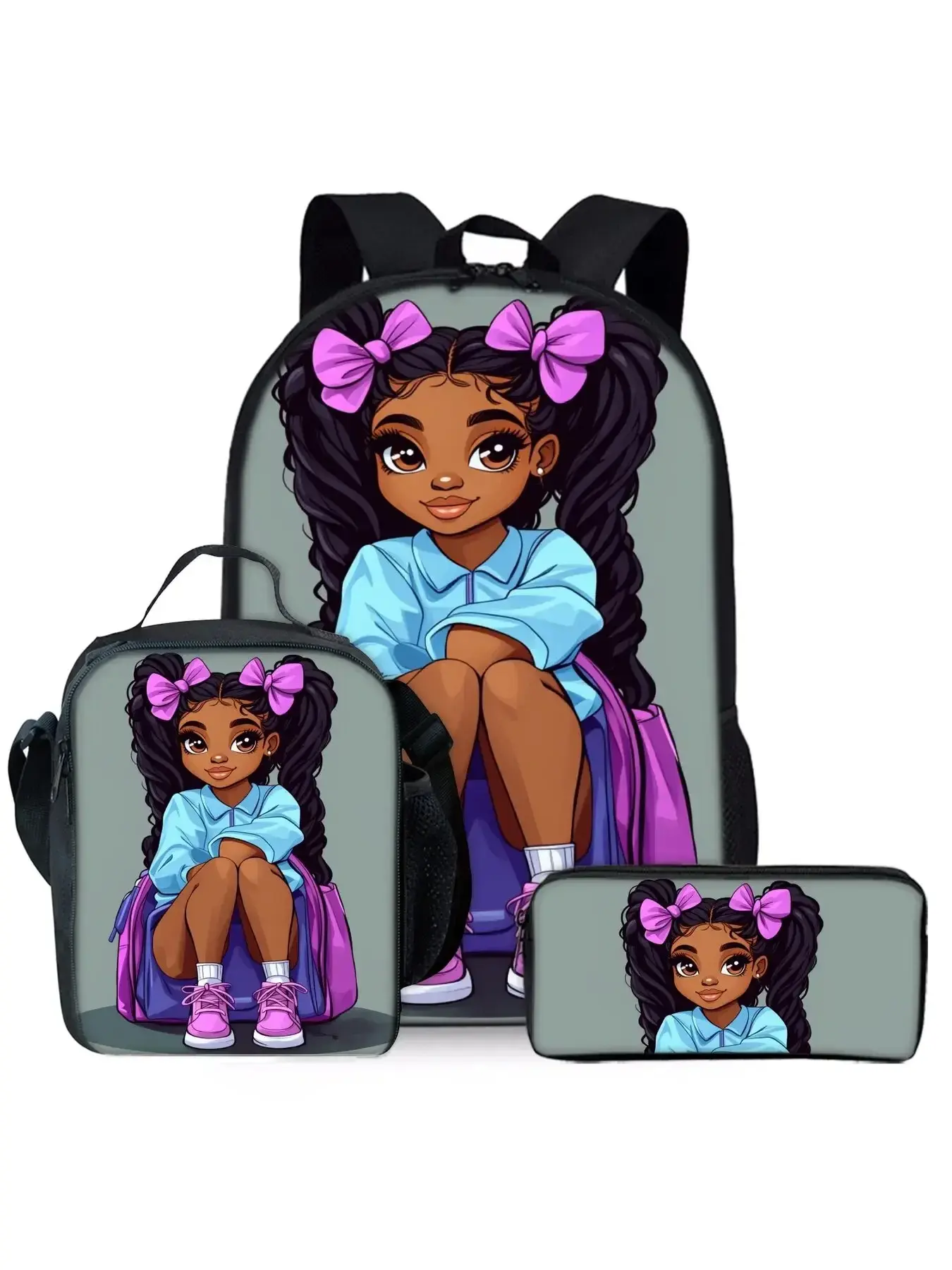3-Piece African Print Girls' School Backpack Set: Backpack, Lunch Bag, Pencil Case