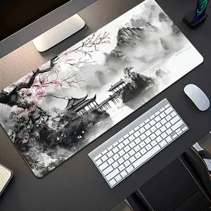 XL Extended Japanese Watercolor Cherry Blossom Mouse Pad & Keyboard Desk Mat with Non-Slip Rubber Base - Black & White Japanese Suitable for Office, Home, Gaming, Computer Desk - 31.5 x 11.8in