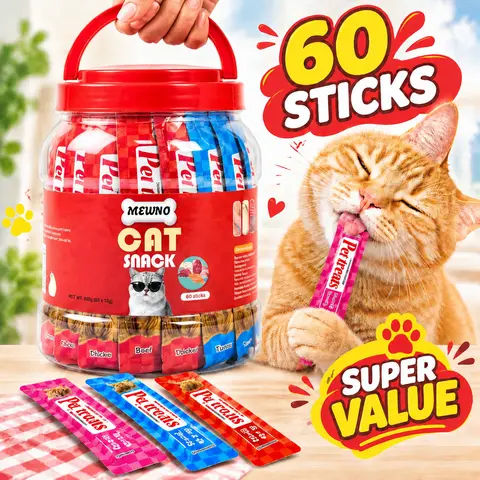 MEWNO Grain Free Lickable Cat Treats, 60 x 15g Tubes with Reusable Jar, High Moisture Water Puree, Healthy & Nutritious for Picky Eaters (3 Flavors: Chicken Yolk, Tuna Fish Roe, Abalone Beef), No Fillers, Universal All Ages, 24-Month Shelf Life