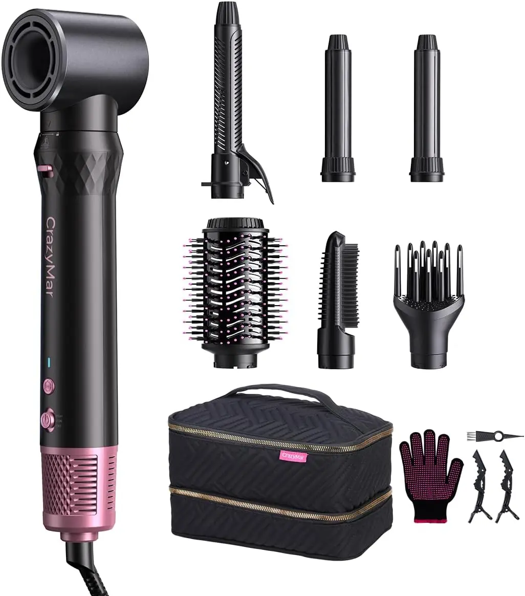 CrazyMar 7-in-1 Hair Dryer Brush & Hair Styler, Fast Drying Blow Dryer & Curling StylingTool, Hot Air Styler No Heat Damage, Powerful Multi-Styler for Curling Volumizing Straightening Styling (Blush Pink)