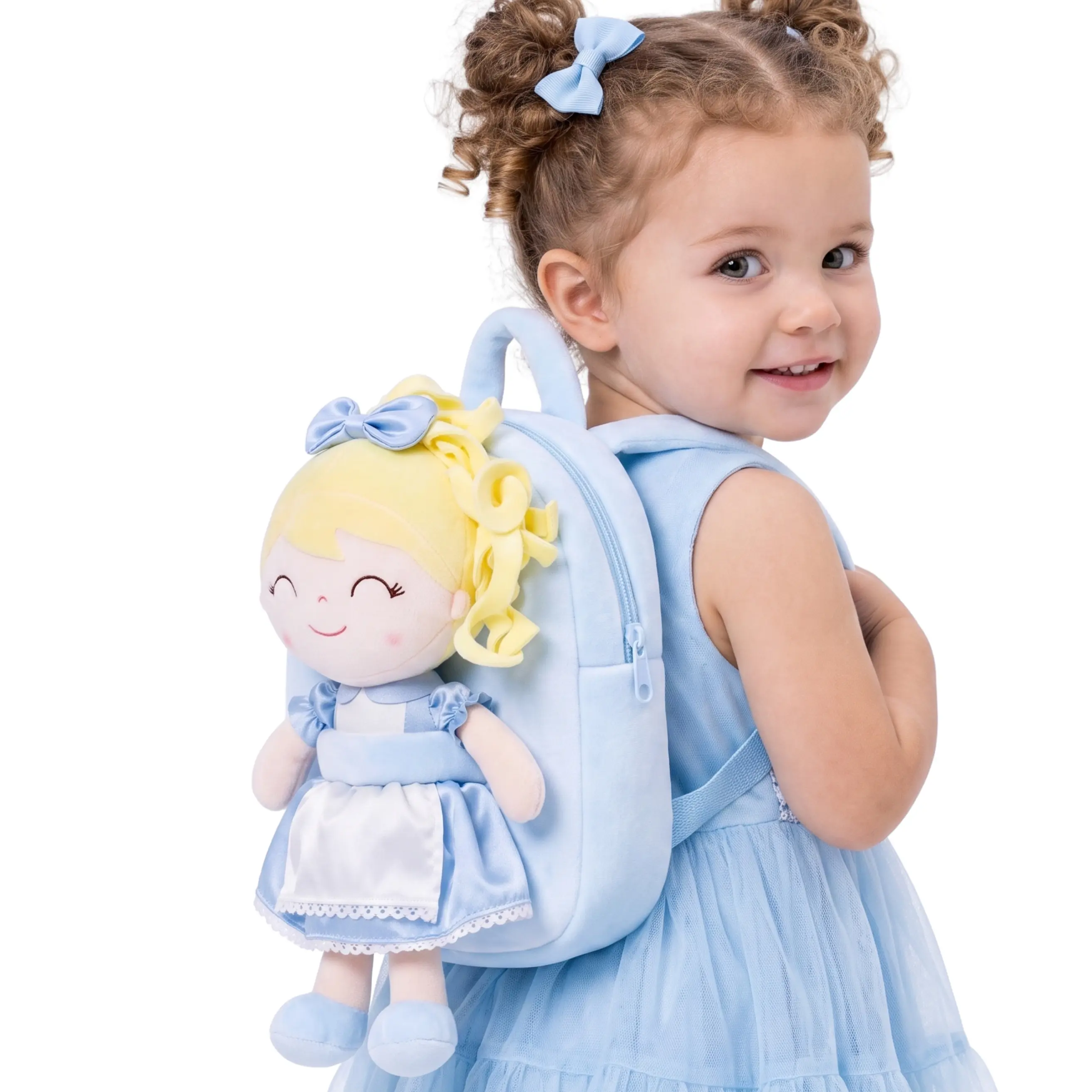 Gloveleya Blue Princess Toddler Backpack for Girls Ages 3–4, Soft Plush Doll Preschool Bag for Back to School, Daycare and Kindergarten