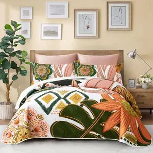 2 Piece Boho Floral Sets Twin Size Farmhouse Botanical Reversible Lightweight Bedspread Coverlet with 1 Sham Mid Century Leaves Microfiber Bedding Set for All Season, 68''x86''