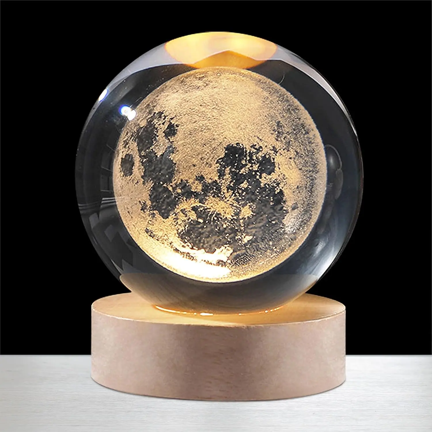 3D Moon Crystal Ball Night Light with Elegant Gift Box, 60mm K9 Glass Moon Lamp with Wooden Base, USB Powered Warm Bedside Lamp, Creative Space Astronomy Gifts for Kids, Women, Birthday, Anniversary