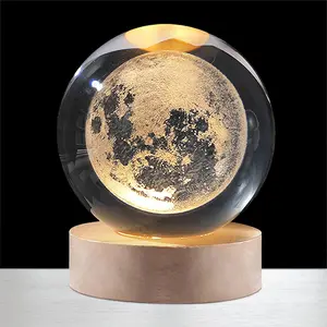 3D Moon Crystal Ball Night Light with Elegant Gift Box, 60mm K9 Glass Moon Lamp with Wooden Base, USB Powered Warm Bedside Lamp, Creative Space Astronomy Gifts for Kids, Women, Birthday, Anniversary