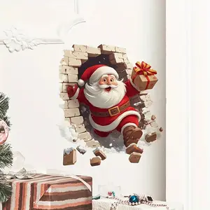 Santa Breaks Through Wall Decal, Removable Vinyl Christmas Sticker, Easy to Apply, Perfect for Living Room and Home Decor