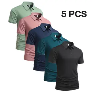 Men's 5 PCS Multi-Soft Tone Polo Shirts Set: Classic Collar Single-Button Design + Slim-Fit Short-Sleeve Casual Daily Tops