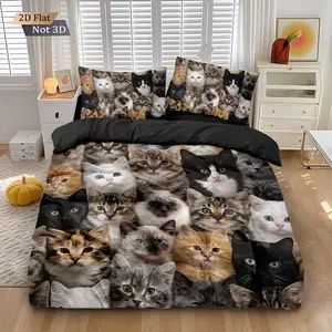 3-piece quilt cover set (1 quilt cover +2 pillowcases, no core) Decorative Duvet Cover Fun cute pet cat print soft and comfortable bedding, suitable for all rooms Bed Sets Supplies