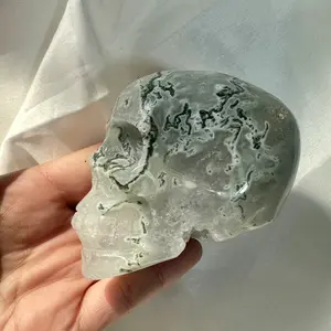 Green Moss Agate Crystal Skull Hand Carved Gemstone Fine Art Sculpture Reiki Healing Stone Statue 70-80mm 1 count