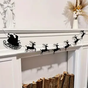Classic Christmas Reindeer & Santa Sleigh Garland, Easy-To-Assemble Felt Color Flags, Perfect for Fireplace Wall Tree Decorations