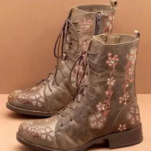 Women's European American Retro Print Embroidered Square Heel Color Block Fashion Ethnic Style Short Boots Girl Footwear Walking Shoes Bota Pu Ballroom Yellow Cowgirl Boots Casual Rubber Sole cowgirl boots wide calf boots women botas vaqueras mujer Decor