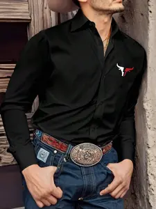 Men's Casual Vintage Long Sleeve Shirt, Fitted Denim Print, Western Market Style, Daily Wear, Spring & Fall Fashion