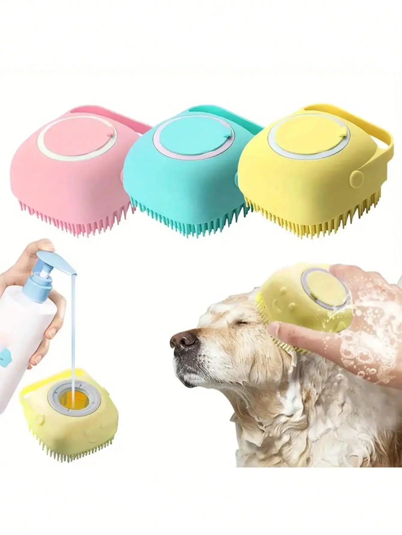 Pet Shampoo Bath Brush with Shampoo Dispenser, Soft Silicone Massage Rubber Grooming Comb for Dogs Cats Puppy, Pet Bathing Brush Suitable for Long Short Haired Dog Cat, Easy Clean Scratch Free Must Have Pet Grooming Tool