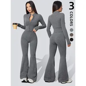 Women's Ribbed Yoga Set, Sportswear Set with Long Sleeve Zip Jacket and High Waist Wide Leg Pants, All Season Athletic Fashion Activewear for Fitness and Leisure, Gym Outfits