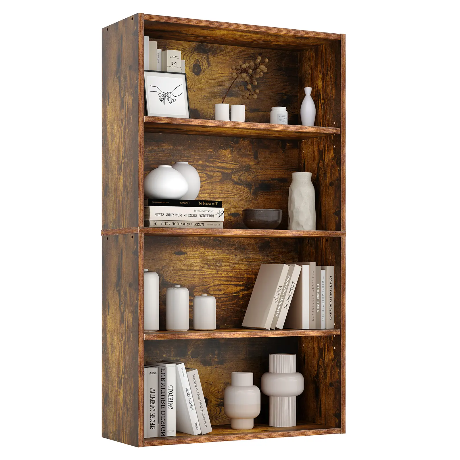 4-Tier Tall Bookcase with Adjustable Shelves Heavy-Duty Wood Open Bookshelf 22LBS Load Capacity Waterproof Scratch-Resistant Storage Shelf for Home Office Bedroom Library