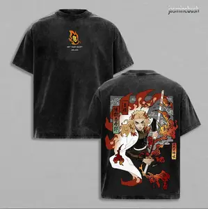 Vintage Washed Anime Graphic Tee - Rengoku Flame Hashira Heavyweight Cotton Oversized T-Shirt for Men & Women, Demon Slayer Collector Shirt