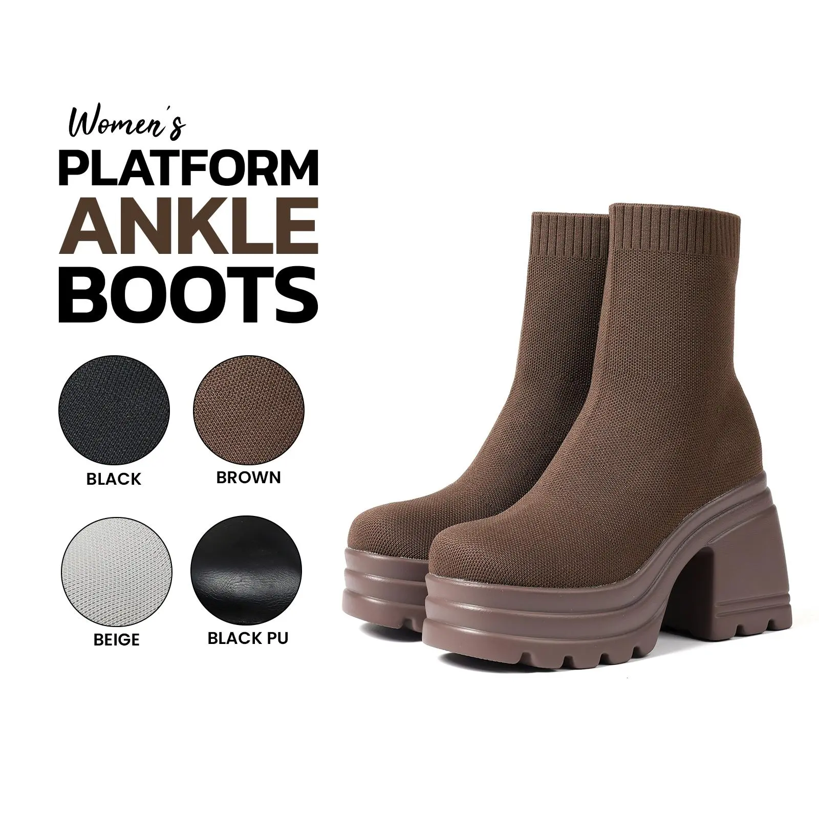 Platform Ankle Boots For Women Round Toe Chunky Block High Heel Slip On Stretch Soft Knit Comfortable Fashion Punk Shoes Dress Party Casual Outings Elegant Trendy Short Sock Booties