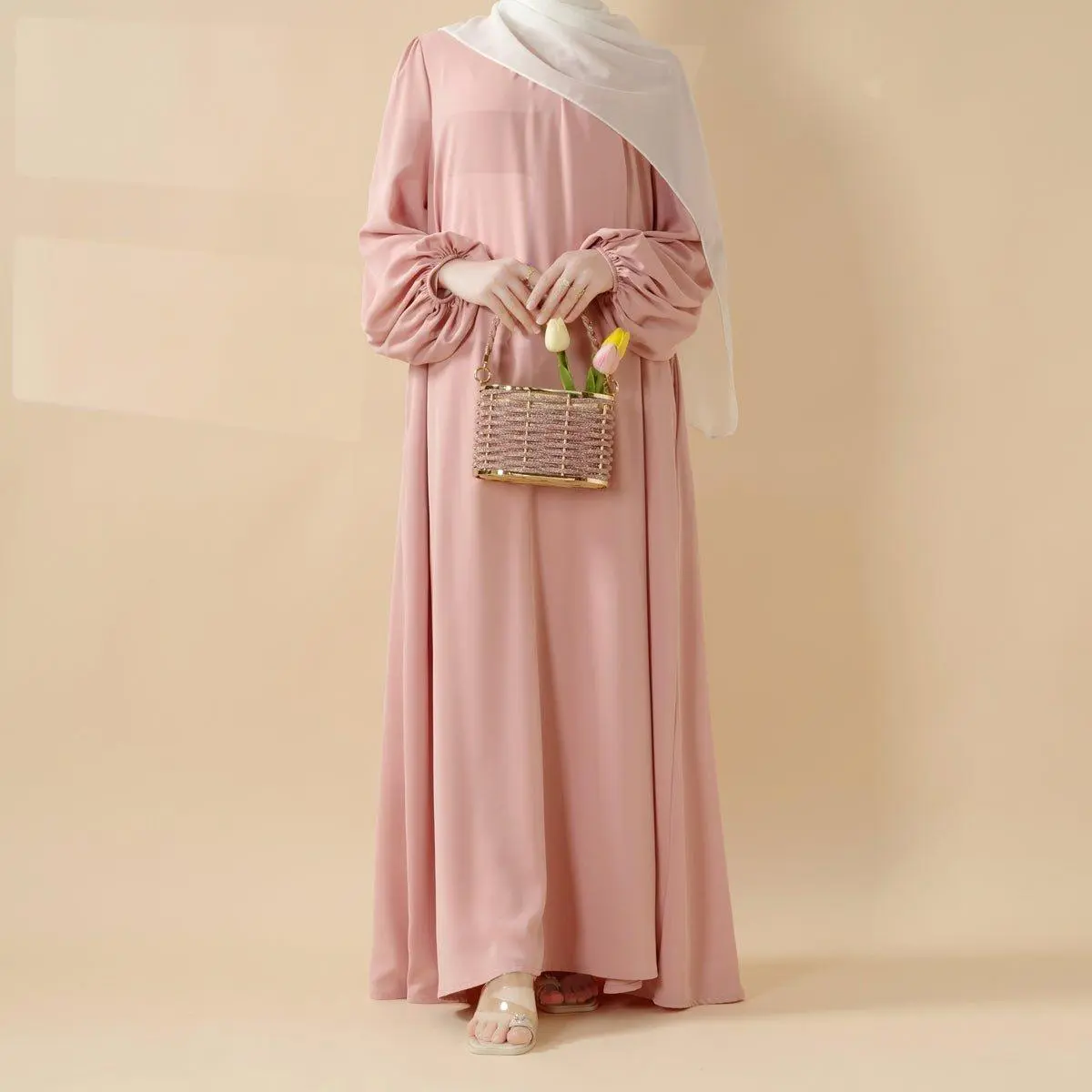 Pleated Nida Abaya Set for Women, 2-Piece Modest Full-Length Maxi Dress with Balloon Sleeves and Detachable Waist Belt, Non-Transparent