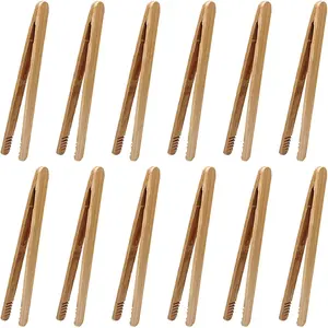 12 Pcs Bamboo Tongs 7 Inch Bamboo Toast Tongs for Serving Pickle Muffin, Cheese Fruits Salad, Toast & Bread