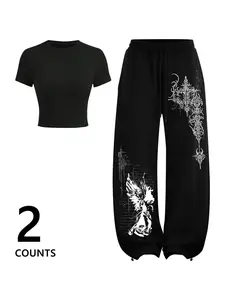 Women's Round Neck Short Top & Gothic Angel Print Sweatpants Set, Y2K Street Style Streetwear Summer, Casual Commuter Everyday Wear Clothes Fit