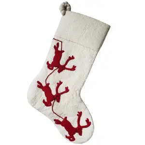 Handmade Christmas Stocking Cream Reindeer Red
