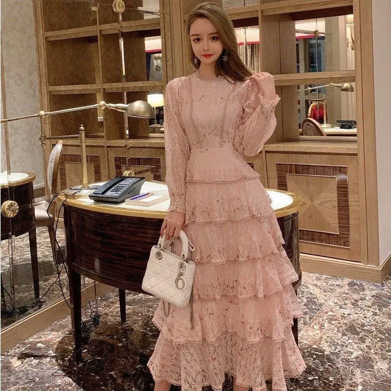 Women's Elegant Embroidery Lace Dress, a Chic Long Sleeve Gown with Drape Style Fabric for Casual Weddings & Parties, Lace Fabric