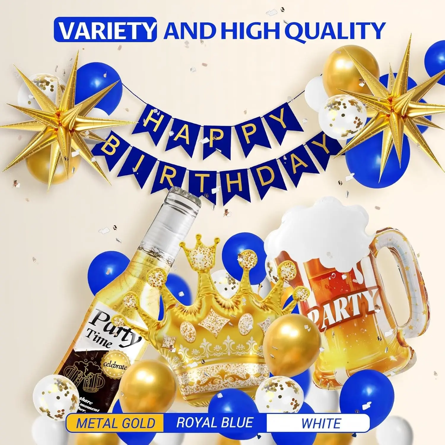 121-Piece Multi-Size Unisex Blue Metallic-Golden Party Supplies Set - Thick Elastic 10in Latex Balloons, 22in Star Foil Balloons, 17.7x23.6in Happy Birthday Banner for 16th, 18th Milestone Celebrations, 10Inch