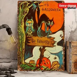 Charming Vintage Halloween Metal Sign Featuring Humorous Spooky Characters Ideal for Home and Office Easy to Hang Perfect for Holiday Gifts and Celebrations