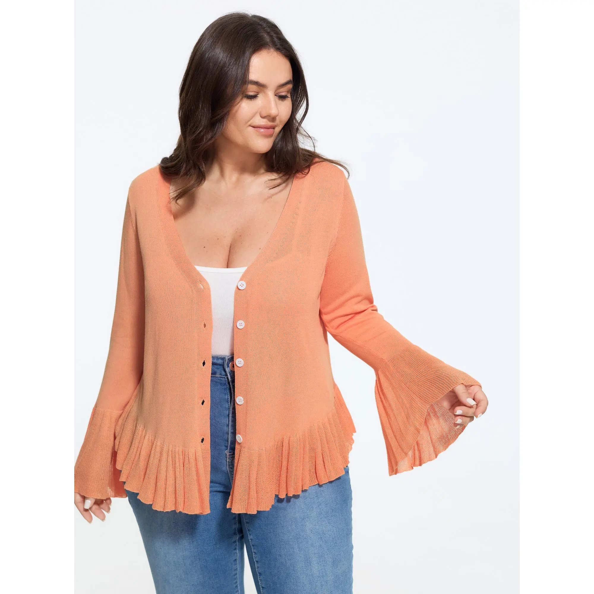 BloomChic Women's Plus Size Lightweight Cardigan with Flared Sleeves and Ruffle Hem M-6X Summerfinds