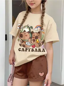 Cute Waterhog Print Two-Piece Set for Teen Girls, Adorable Capybara Print, Casual Summer, Fitted Short Sleeve Top and Shorts, All Seasons Wear