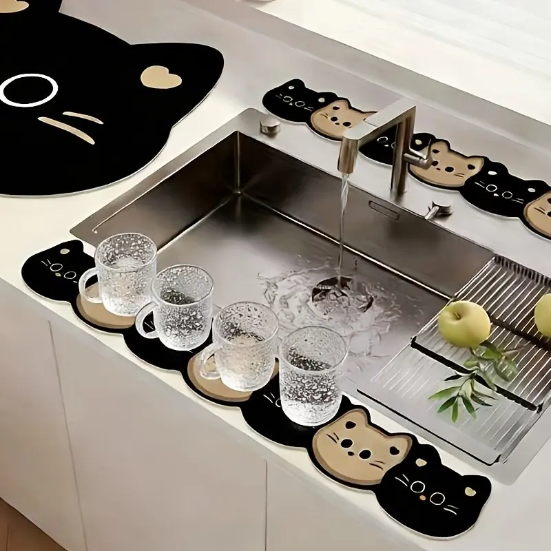 Cute Kitchen Alga Mud Drain Pad, Water Faucet Splash Protector, Bathroom Sink Mat, Soft Decorative Pad, Long Strip Design