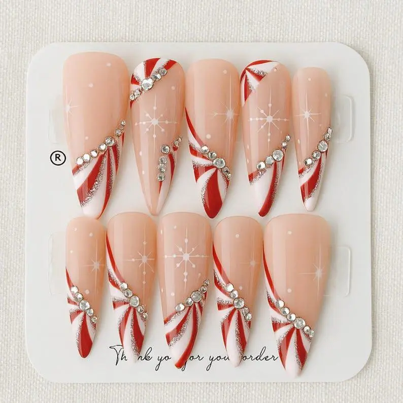 [CHRISTMAS DEAL BUY 2 GET 1 FREE] Candy Cane Christmas Press On Nails, Red White Glitter Swirl Design, Rhinestone Holiday Nail Set