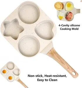Egg Frying Pan 4 Cup Heart Shape, 4 Hole Nonstick Breakfast Skillet & Pancake Pan with Wooden Handle, Daily Kitchen Multi-Cooker, Anti-Scald Safe Grip