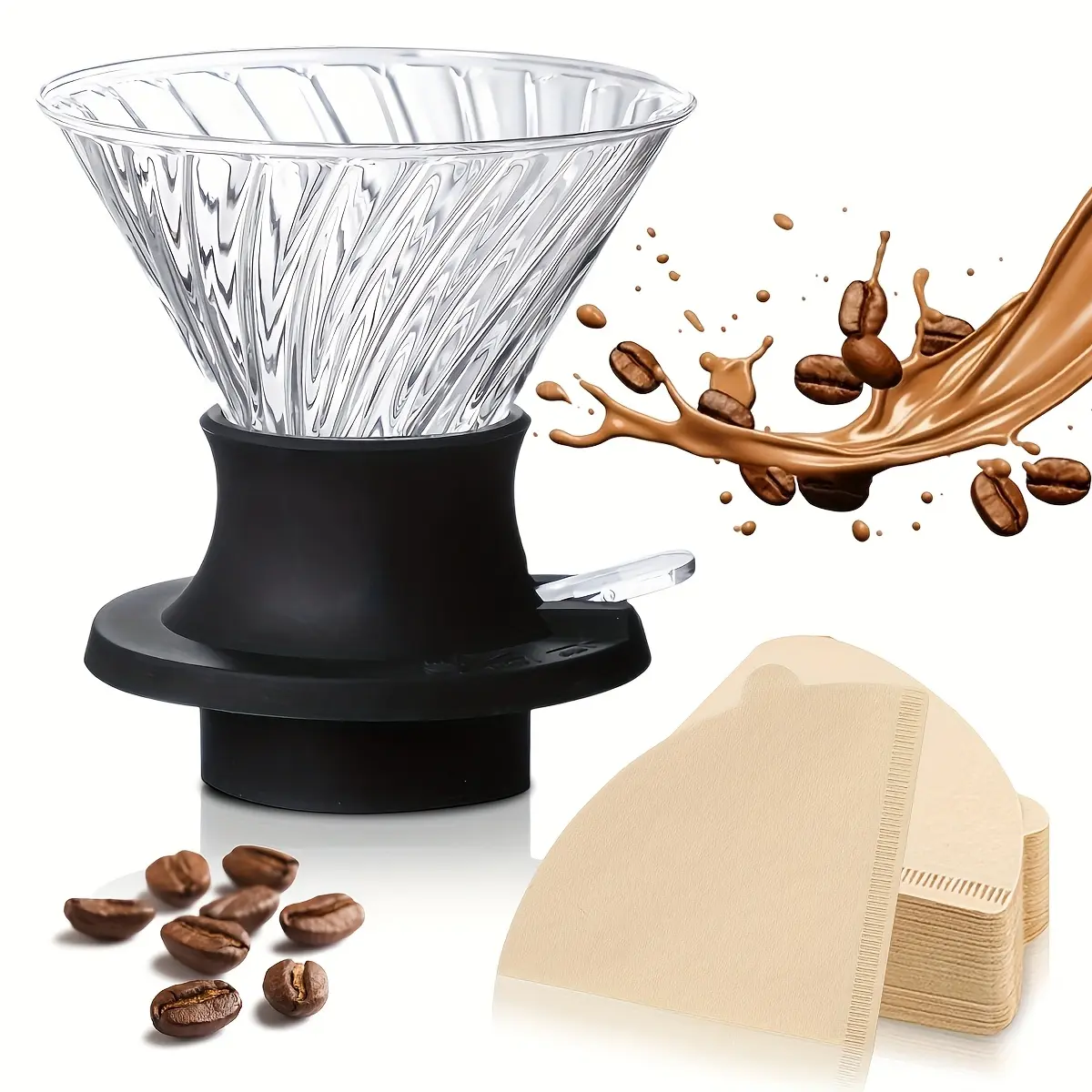 Pour Over Coffee Dripper with 100pcs Size 02 Paper Filter, Clever Coffee Dripper, V60 Drip Filter with On/Off Switch Transparent Borosilicate Glass Filter, Filter Paper V-Shaped Drip Coffee Tool