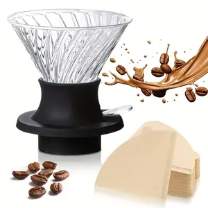 Pour Over Coffee Dripper with 100pcs Size 02 Paper Filter, Clever Coffee Dripper, V60 Drip Filter with On/Off Switch Silicone Borosilicate Glass Filter, Drip-Type Hand-Brewed Coffee Filter Pot Filter Paper V-Shaped Drip Coffee Machine Coffee Tool