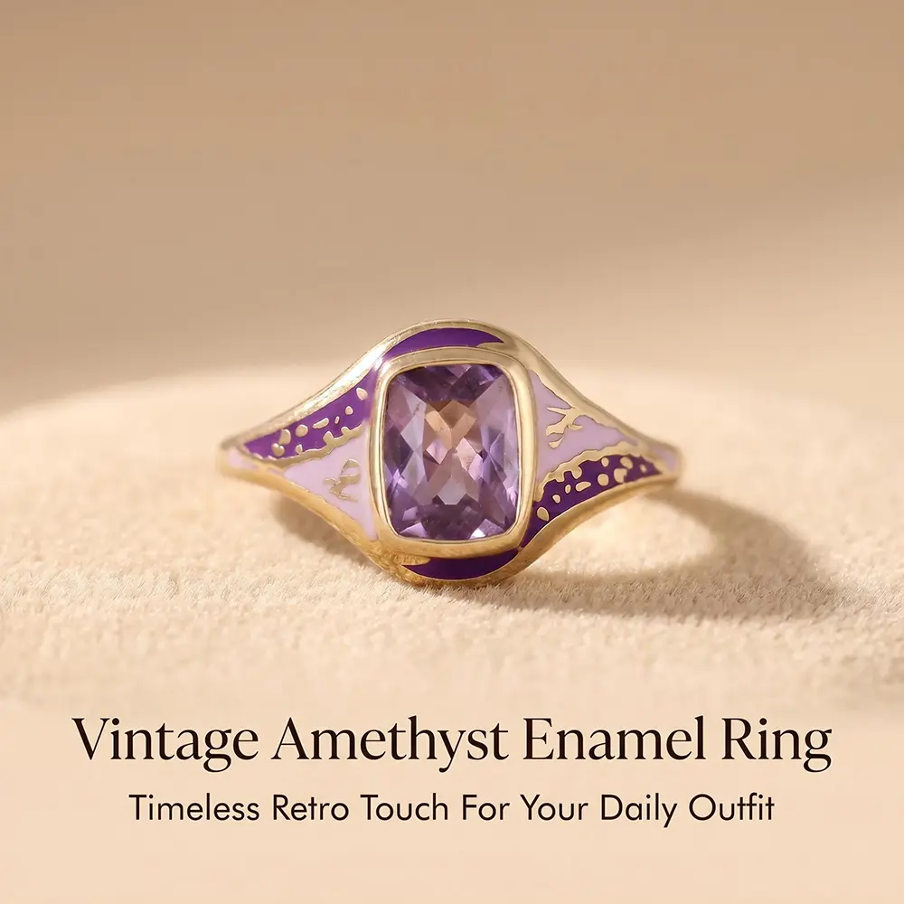 Women's Vintage 2-Tone Enamel Amethyst Ring - Cushion-Cut Colored Gemstone Ring, Art Deco Retro Costume Jewelry, Colored Gemstone Rings, Retro Rings