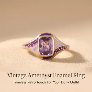 Vintage 2-Tone Enamel Amethyst Ring - Cushion-Cut Gemstone, Art Deco Style Costume Jewelry for Women